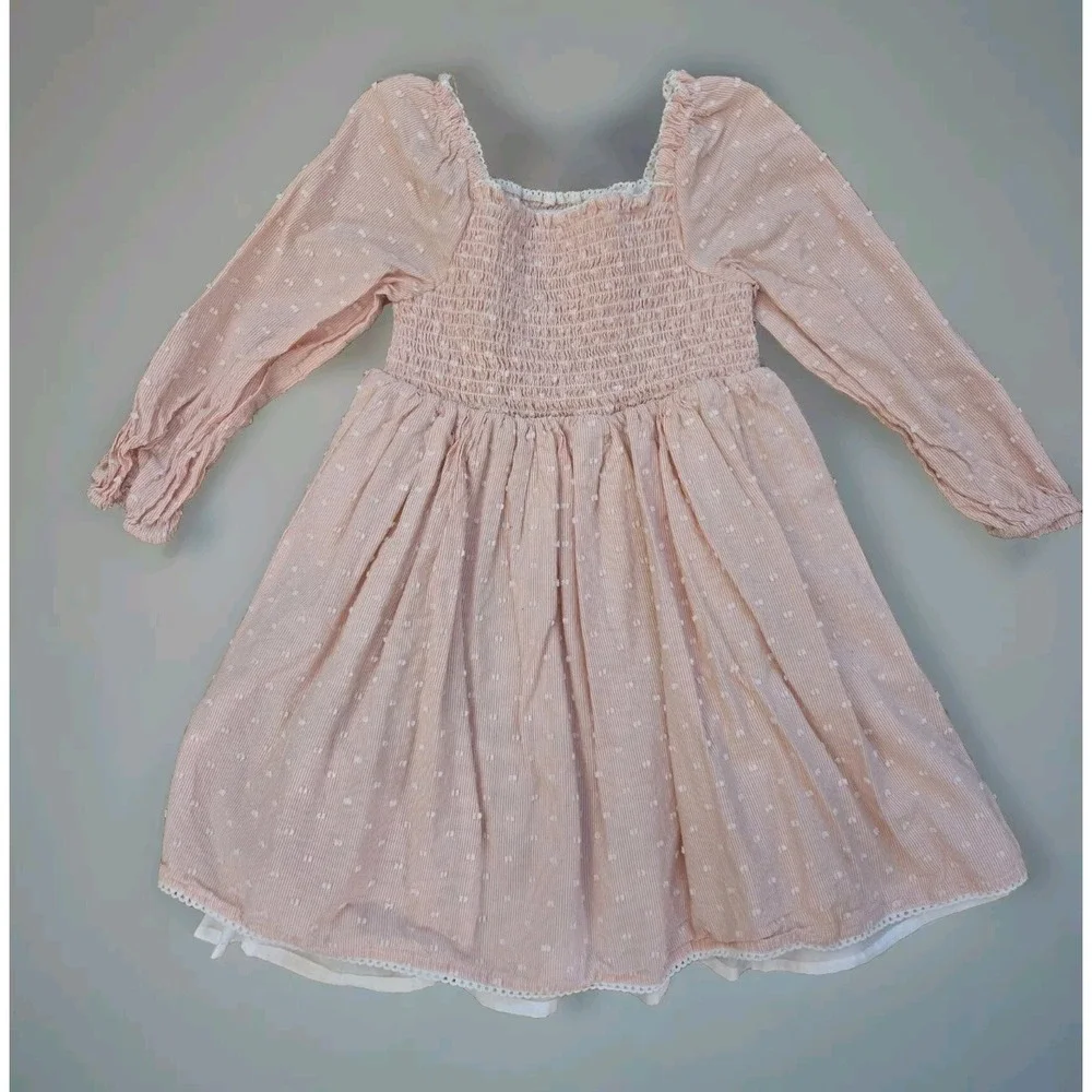 Rachel‎ Zoe Girls Peach Striped Clip Dot Smocked Dress 5T Long Sleeve Lace Trim